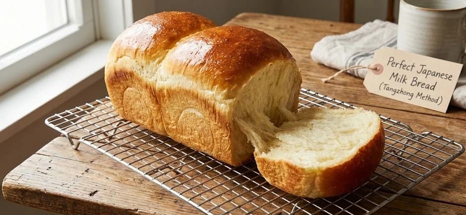 Golden-brown loaf of Japanese milk bread on a cooling rack, showcasing its soft, fluffy texture.