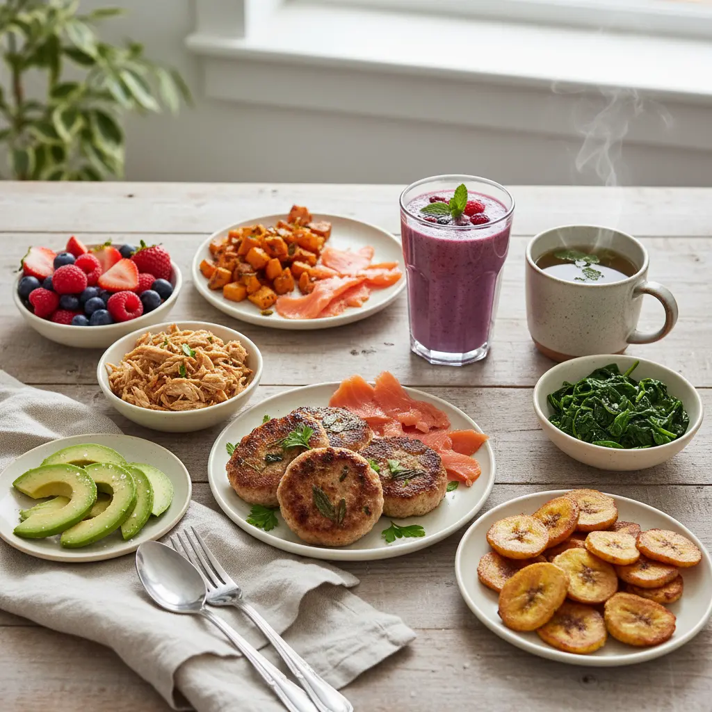 Variety of colorful AIP breakfast dishes, including savory hashes, baked goods, and fruit bowls, all egg-free and autoimmune-friendly.
