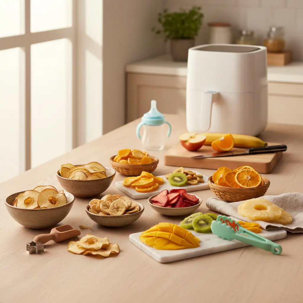 Assortment of vibrant air fryer dehydrated fruit slices including apples, bananas, and mangoes, artfully arranged on a wooden board, showcasing healthy homemade snacks.