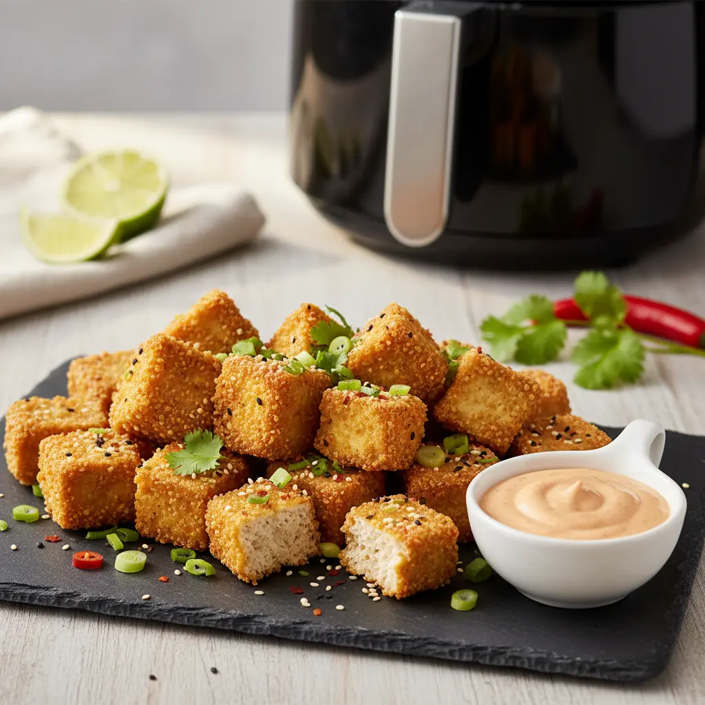 Perfectly golden-brown crispy air fryer tofu cubes in a basket, ready to be served