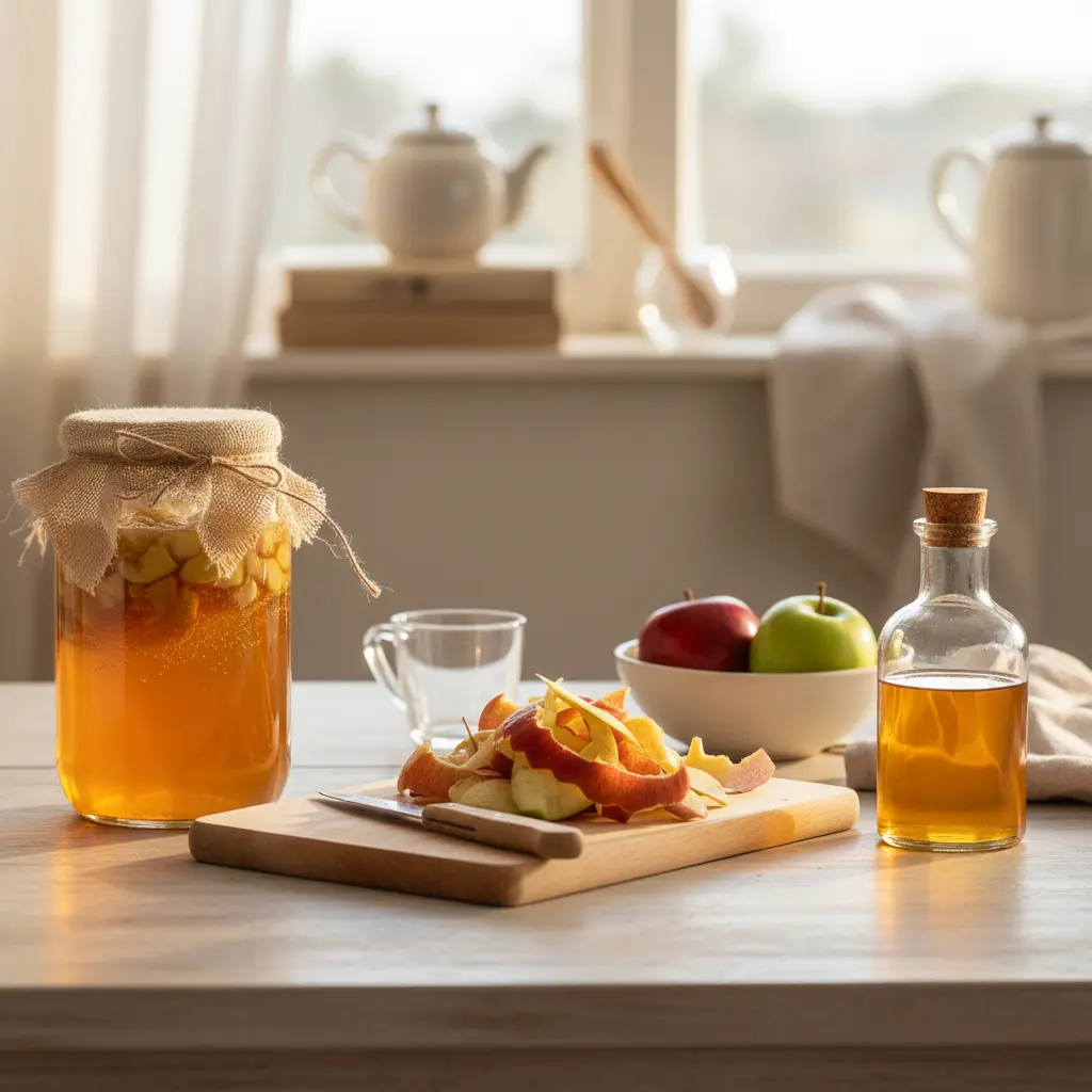 Homemade apple scrap vinegar in a glass jar with apple peels and cores, symbolizing a zero-waste DIY project