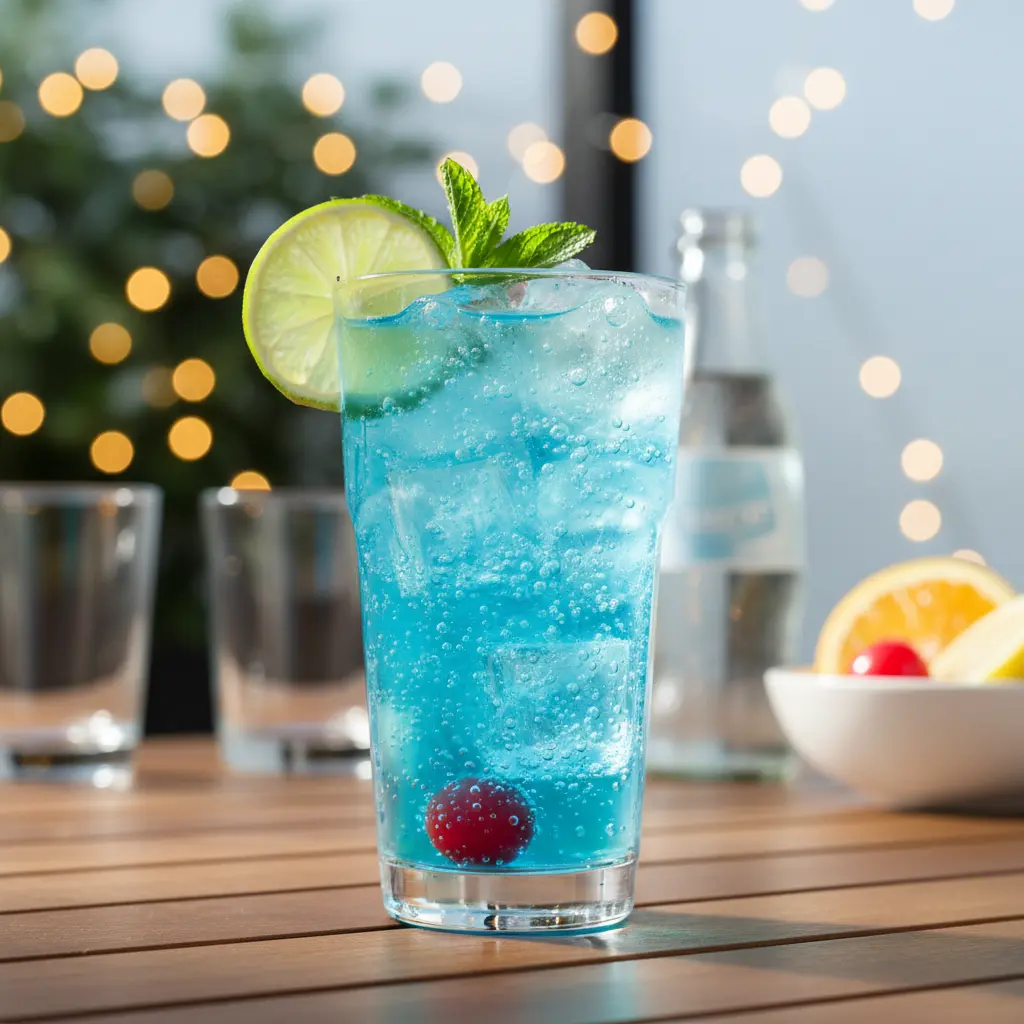 Vibrant Blue Lagoon Mocktail with Sprite in a tall glass, garnished with lemon and cherry, perfect for summer parties