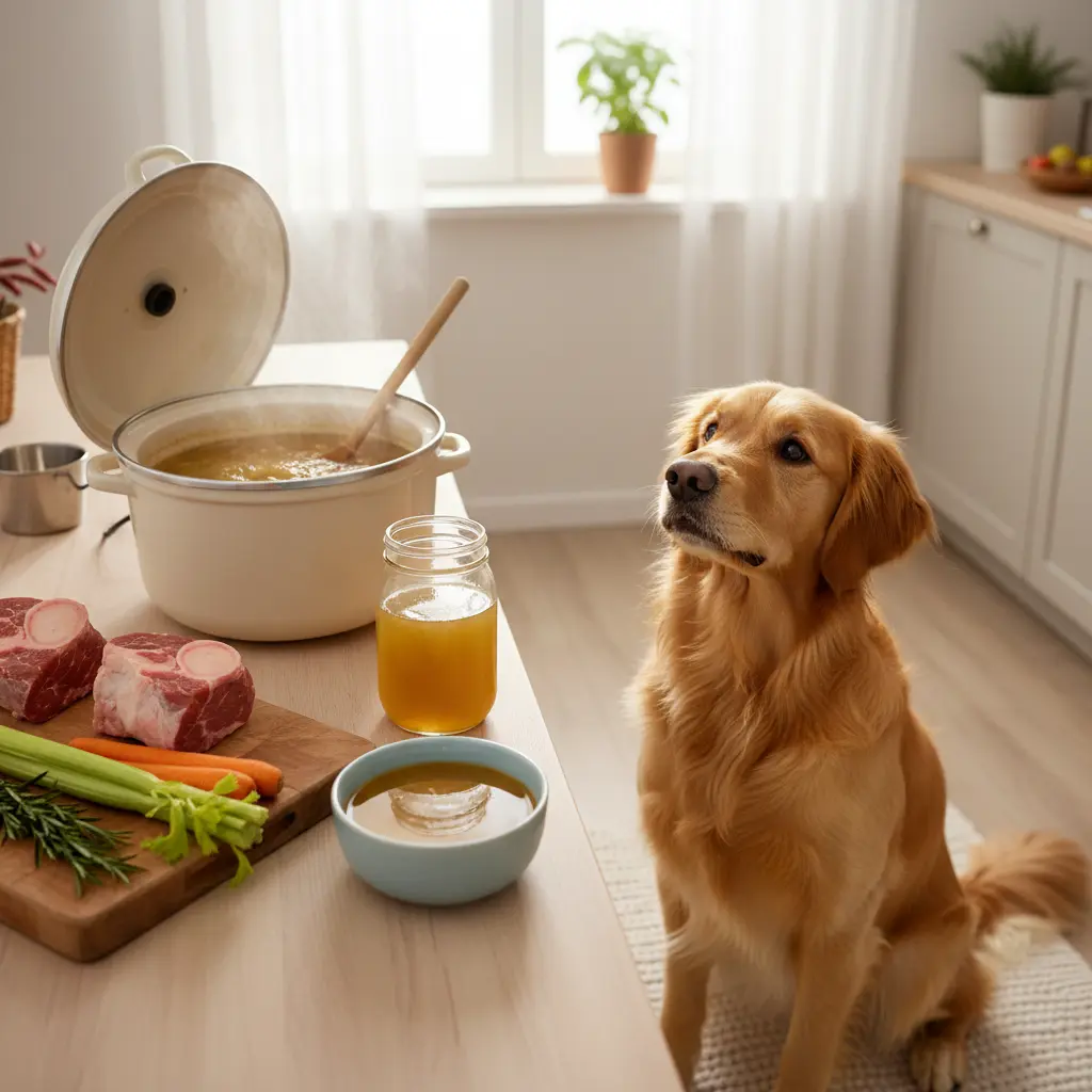 Homemade slow cooker bone broth for dogs in a glass jar with bones beside it