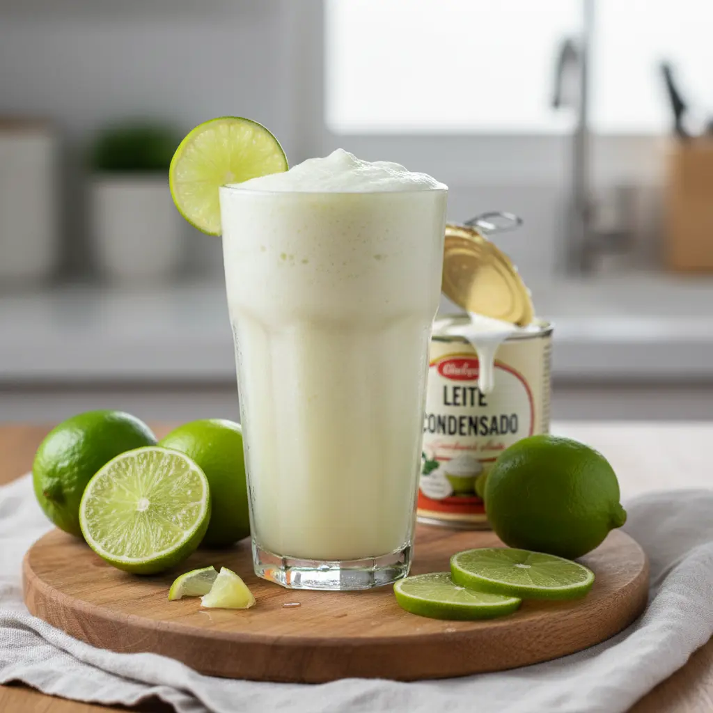 Creamy Brazilian Lemonade with whole limes and condensed milk in a glass, ready to drink.