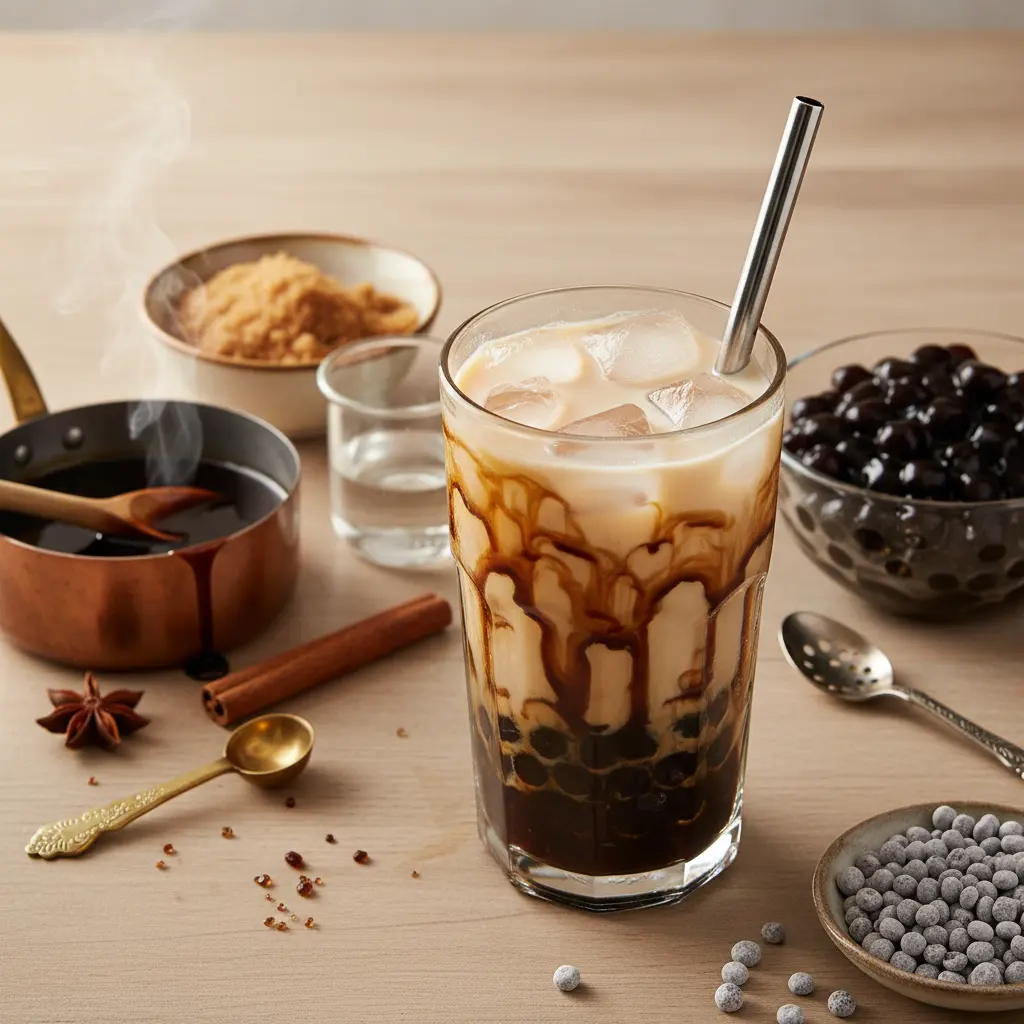 Homemade brown sugar boba milk tea with tiger stripes dripping down the glass
