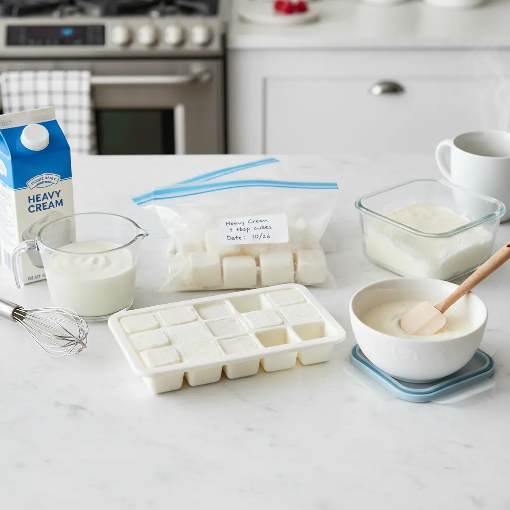 Carton of heavy cream placed inside a freezer, illustrating safe storage practices.