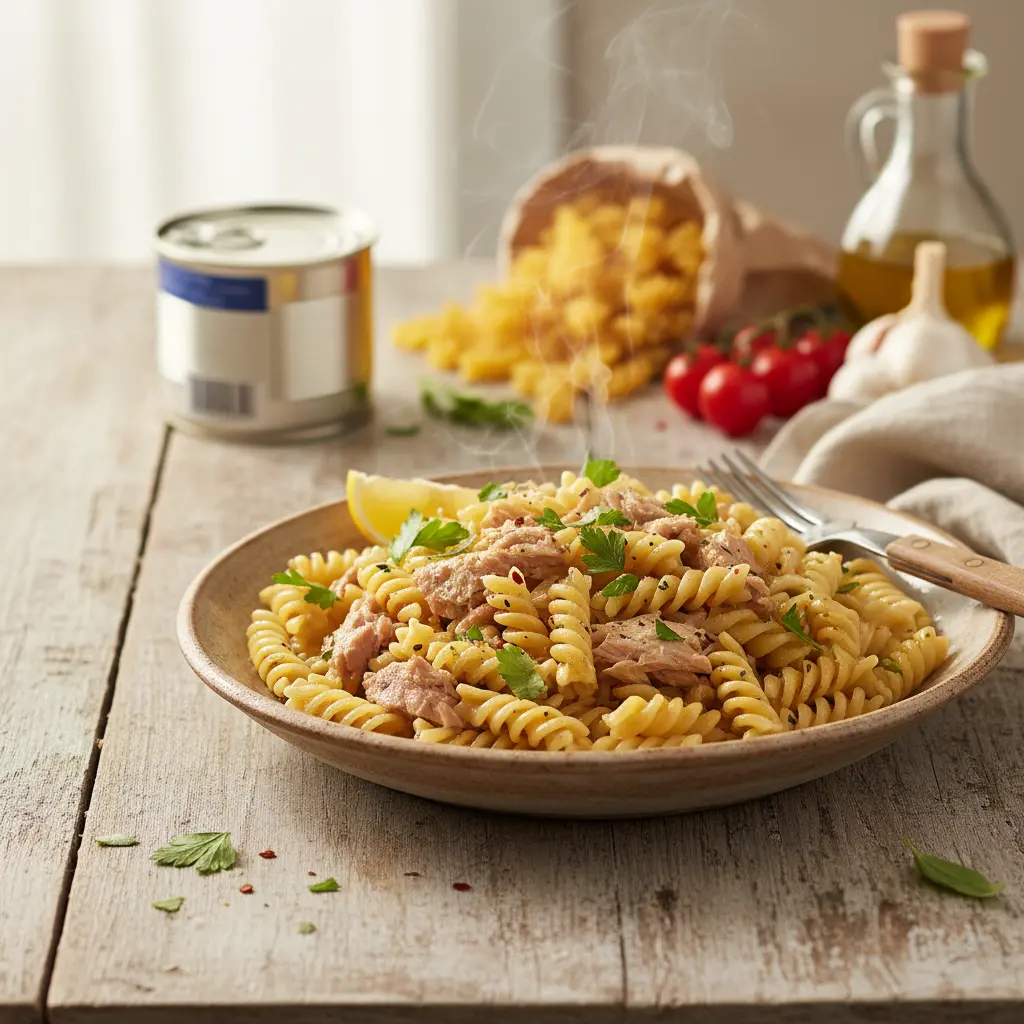 A close-up of a bowl of easy canned tuna pasta garnished with fresh parsley, steam rising from the hot noodles and flaked tuna.