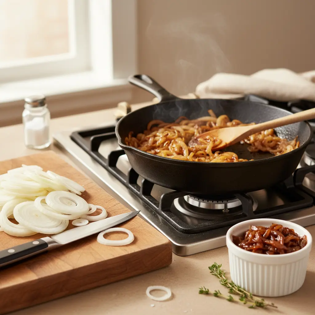 Perfectly golden-brown caramelized onions in a wide cast-iron skillet, showcasing their rich color and jammy texture.