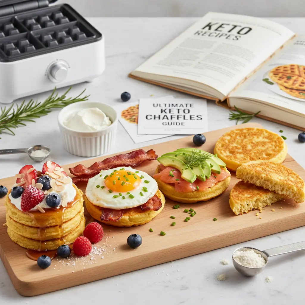 Delicious stack of golden brown cream cheese chaffles with fresh berries and maple syrup