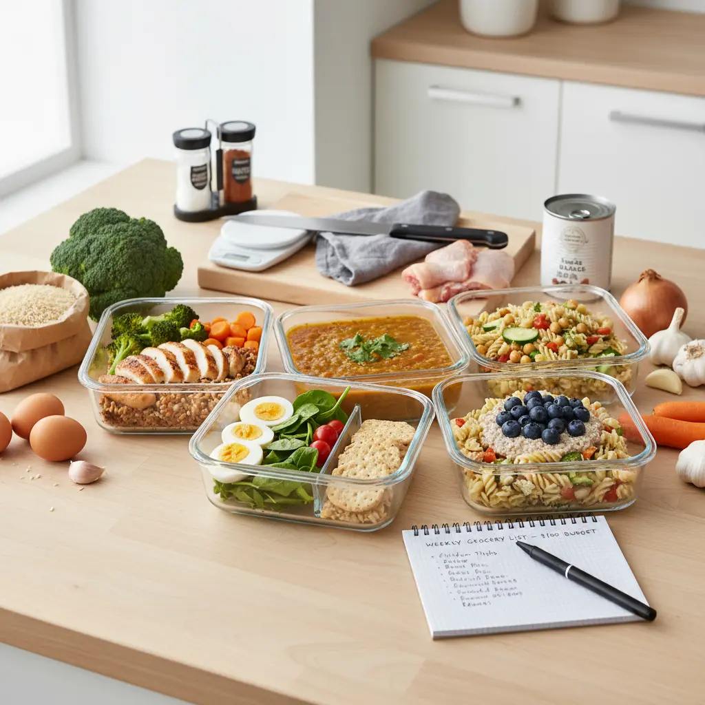 Assortment of prepped budget-friendly meals in containers, showcasing healthy and affordable options for weight loss.