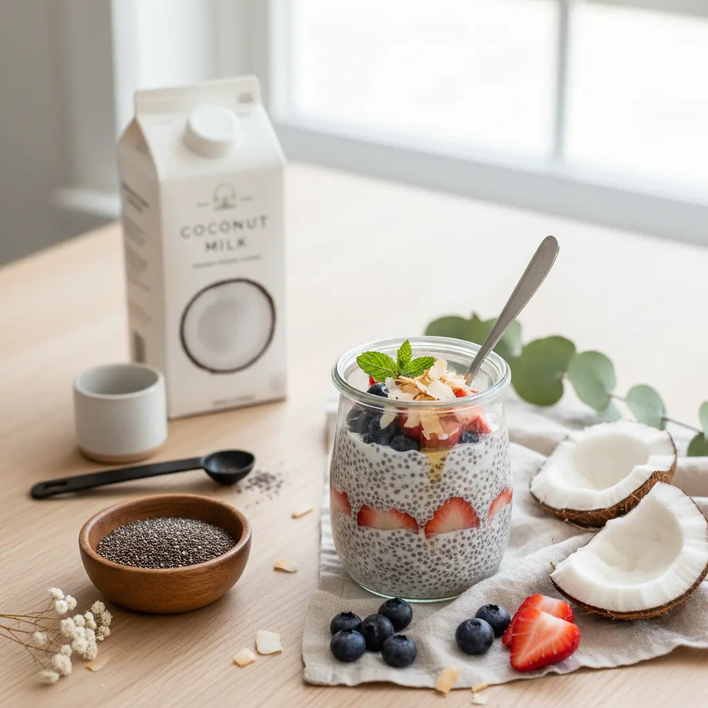 Delicious chia pudding with berries and coconut flakes, showing the perfect texture.