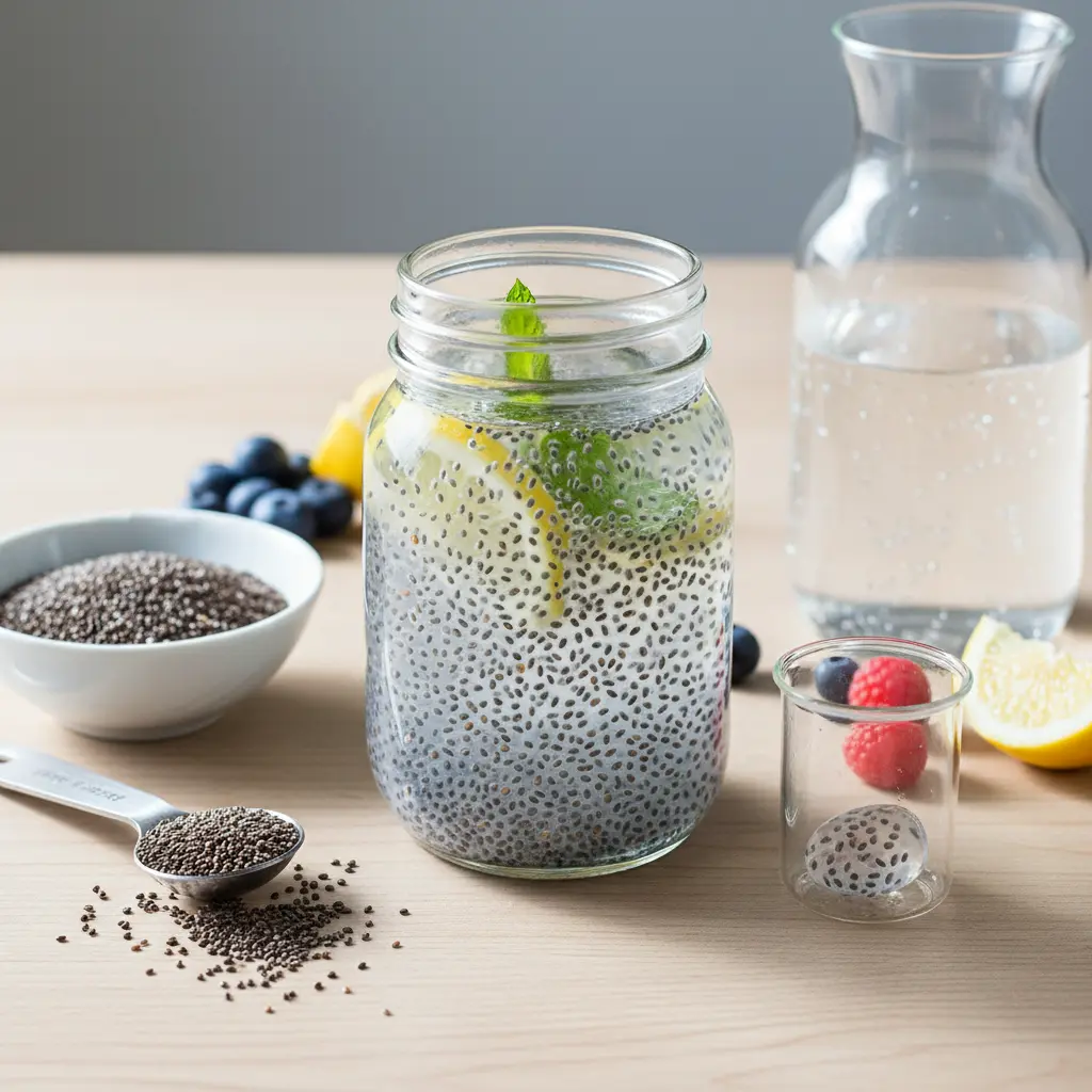 Glass of chia seed water with lemon slices on a wooden table, representing a healthy weight loss drink