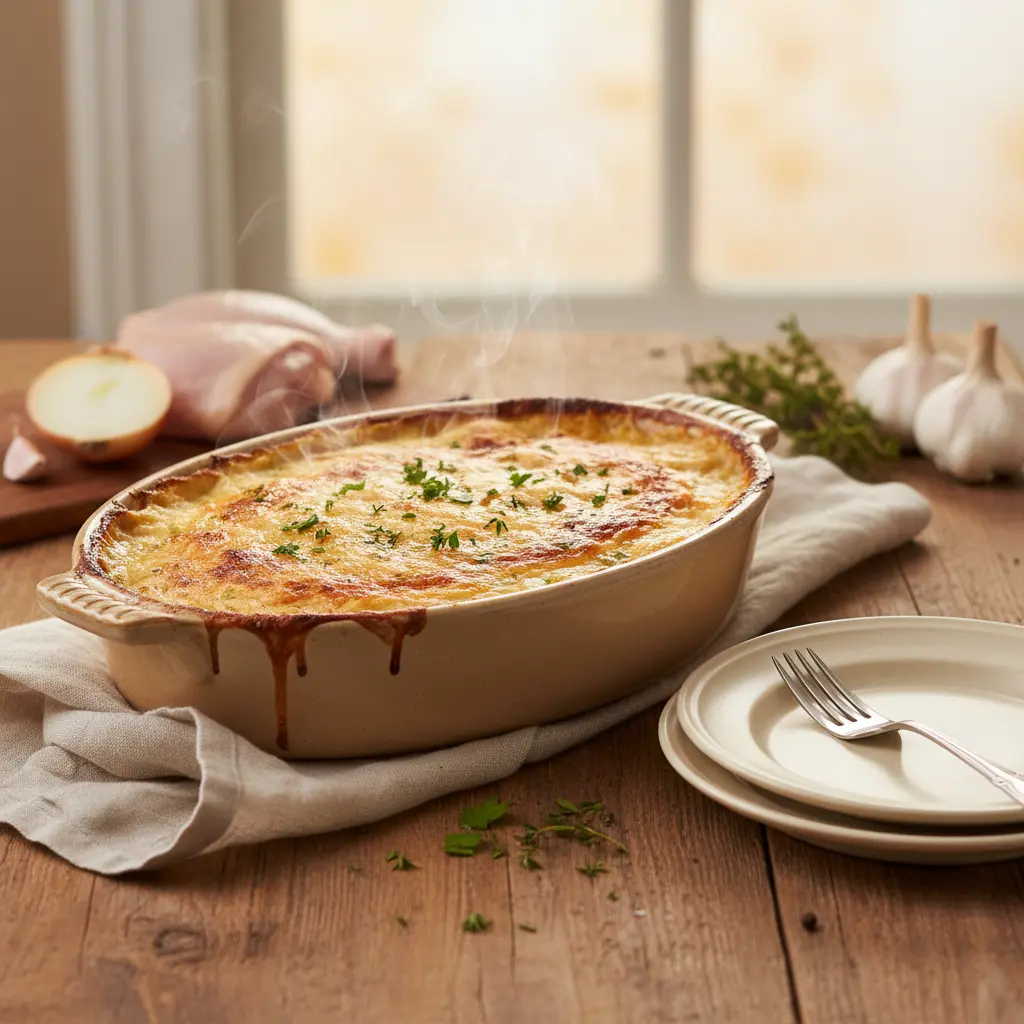 Creamy chicken casserole for two, baked in a small dish, ready to serve.