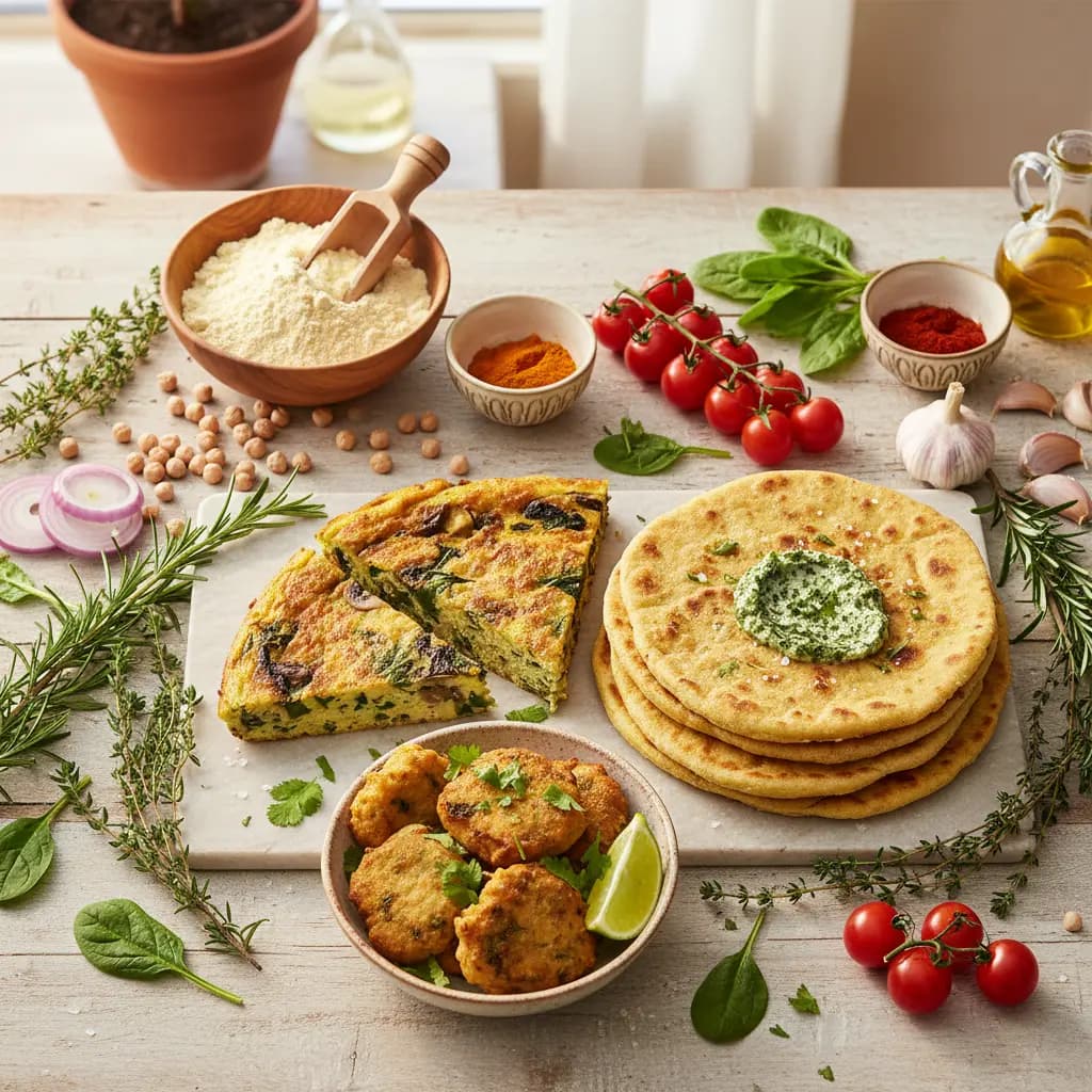 Assortment of savory dishes made with chickpea flour, including flatbreads, pancakes, and loaves, set against a rustic background.
