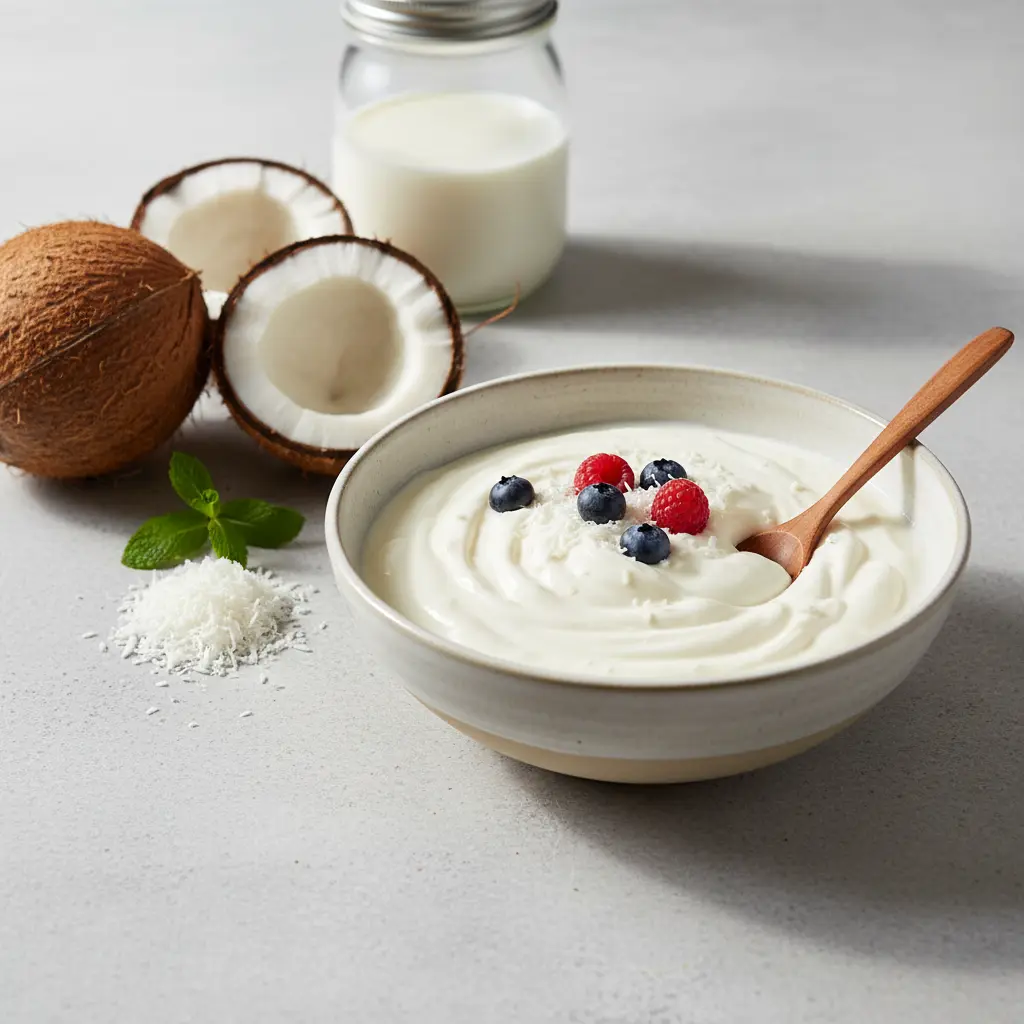 A jar of homemade coconut yogurt with fresh berries and granola, showcasing a thick and creamy texture.