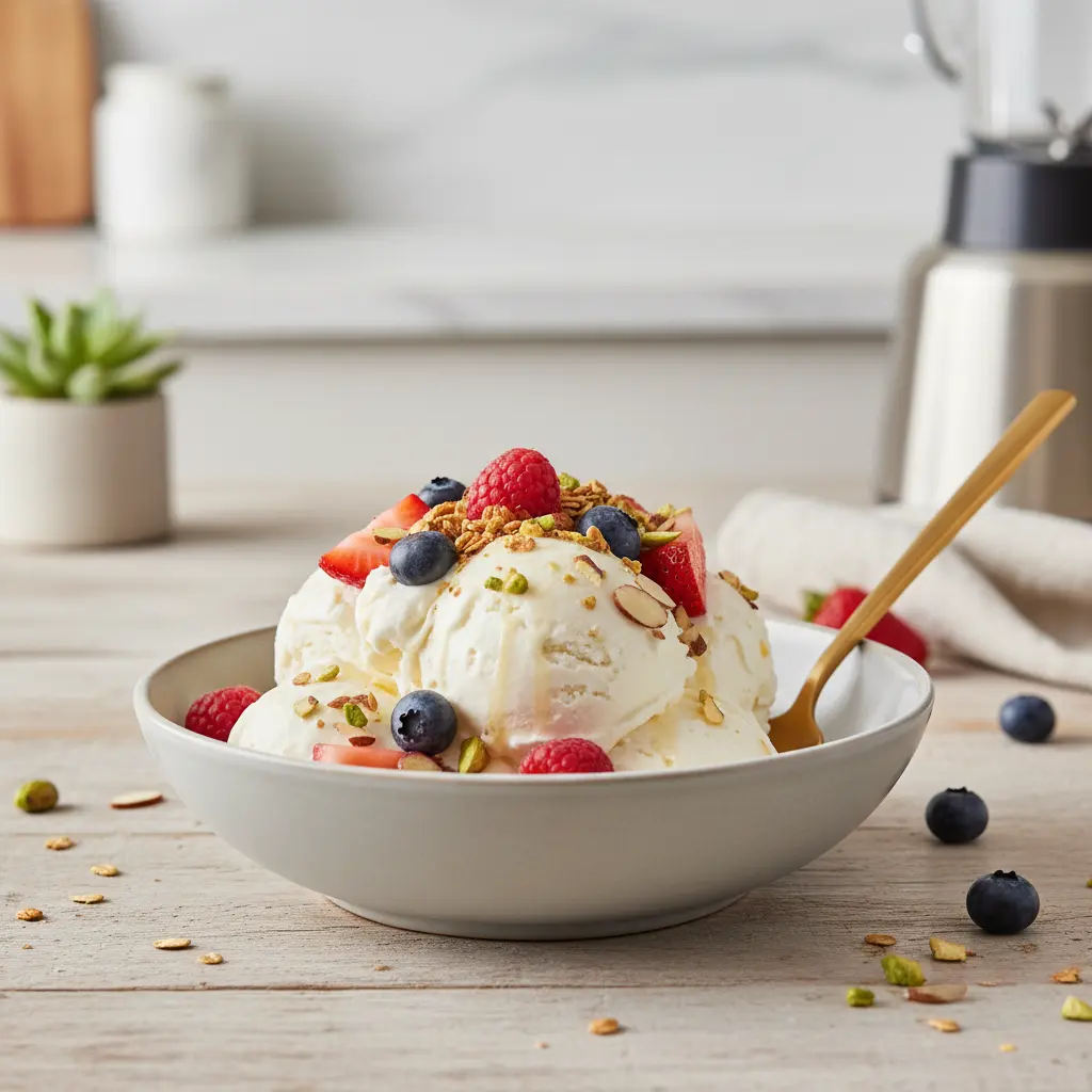 Smooth and creamy cottage cheese ice cream swirl in a bowl with berries