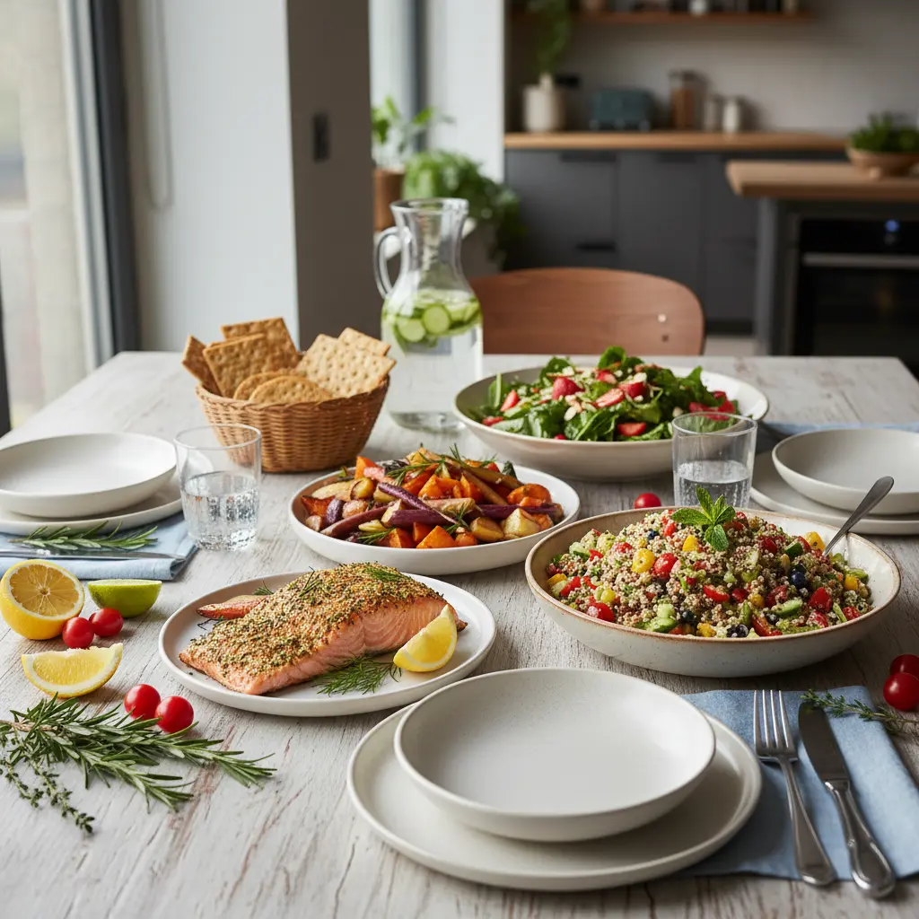 A vibrant platter of various DASH Diet dinner recipes, including roasted chicken, vegetables, and whole grains, emphasizing low sodium and high flavor.