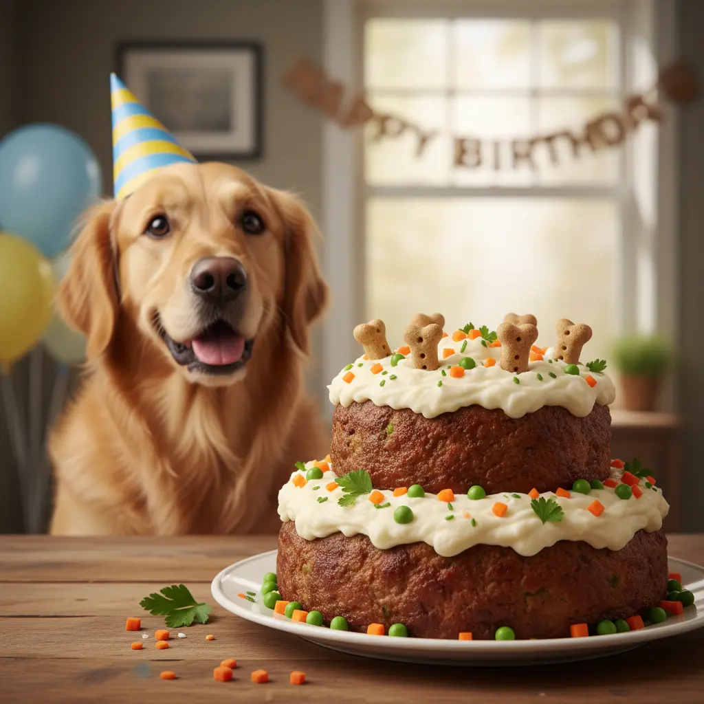 Homemade meatloaf dog birthday cake topped with purple sweet potato frosting and dog-safe confetti sprinkles