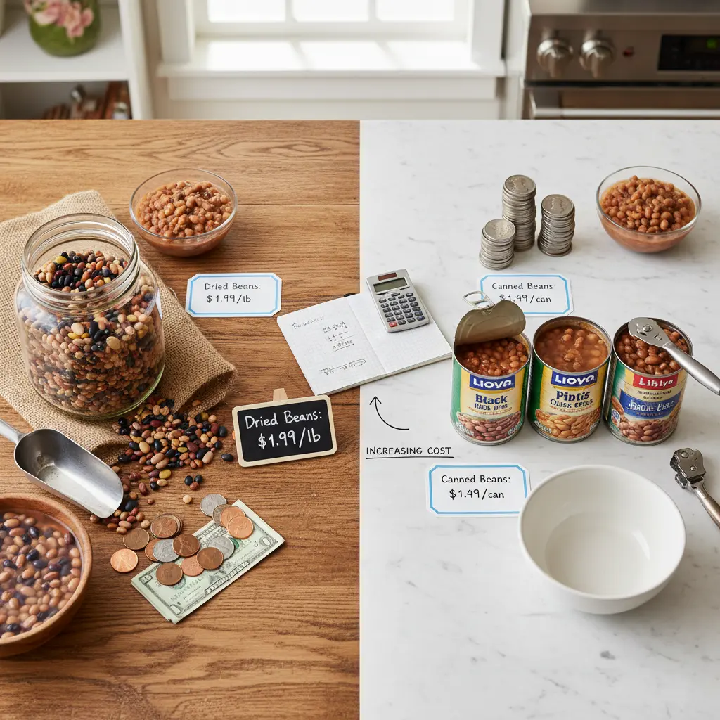 A side-by-side comparison of a bag of dried beans and several cans of beans, illustrating the cost-saving potential.