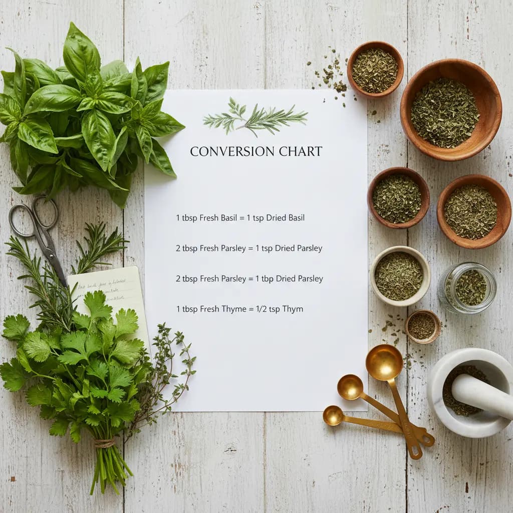 Assortment of dried herbs in small jars and fresh herbs on a wooden board, illustrating the dried to fresh herb conversion concept.