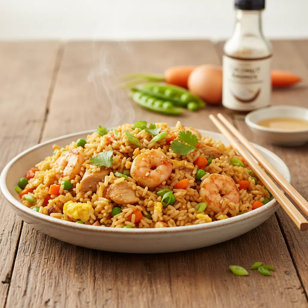 Delicious bowl of soy-free fried rice with vegetables and egg, garnished with green onions.