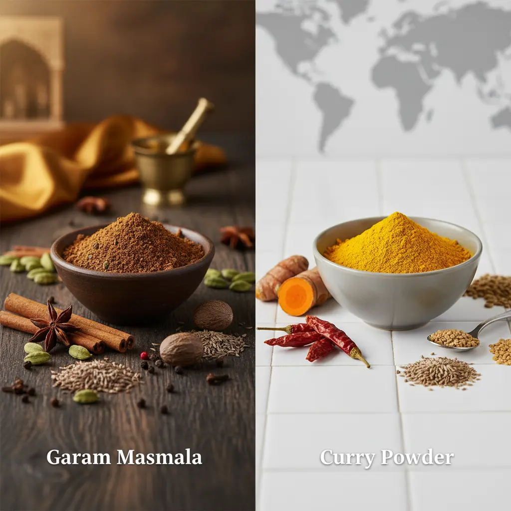 Comparison image showing garam masala and curry powder in separate bowls, highlighting their vibrant yellow and rich brown color differences.