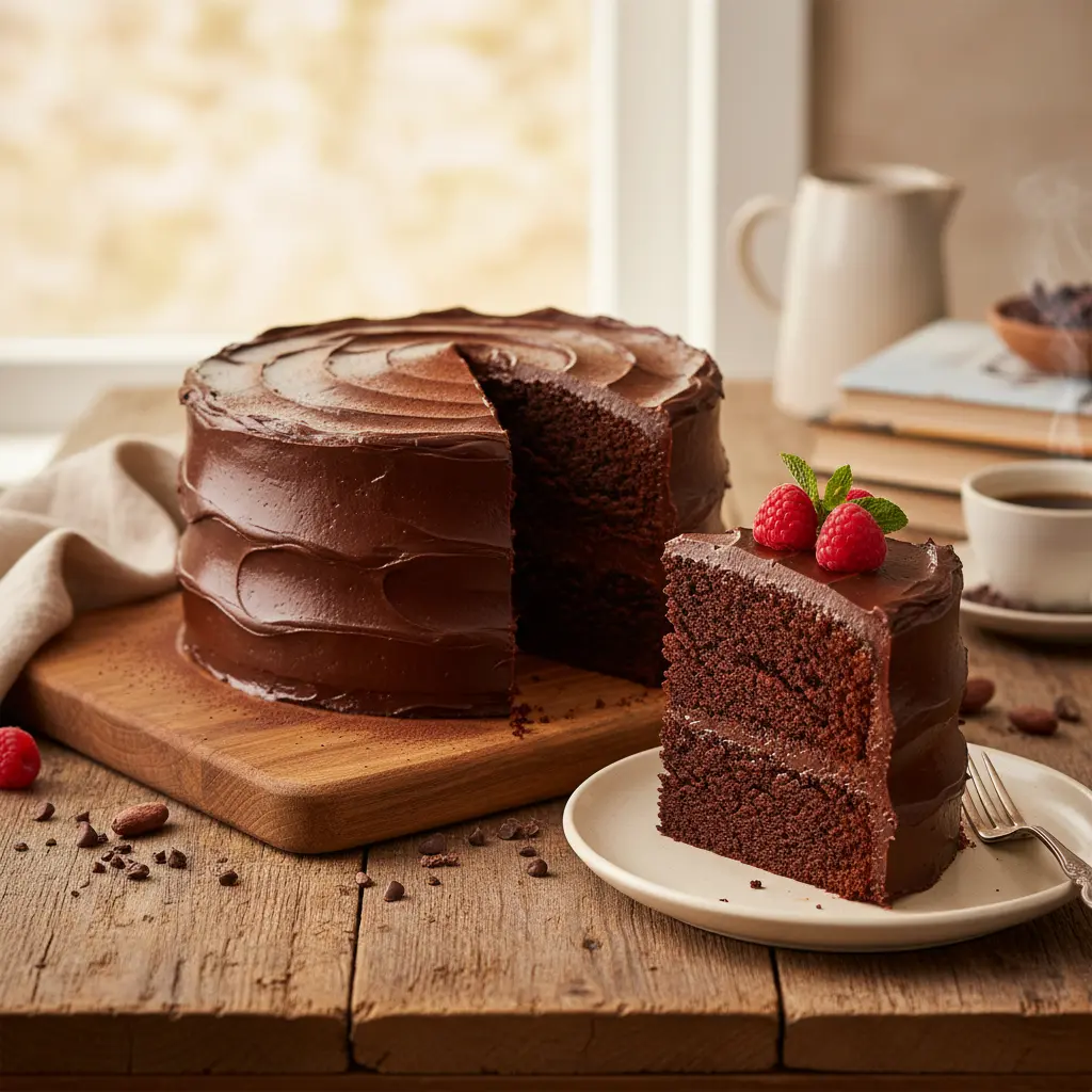 A rich, decadent slice of gluten-free dairy-free chocolate cake with chocolate frosting, ready to be eaten.