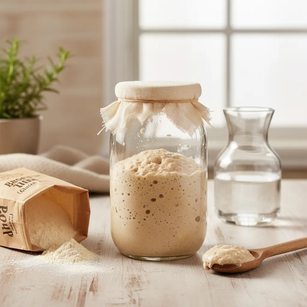 Glass jar with an active gluten-free brown rice sourdough starter showing bubbles and a creamy texture.