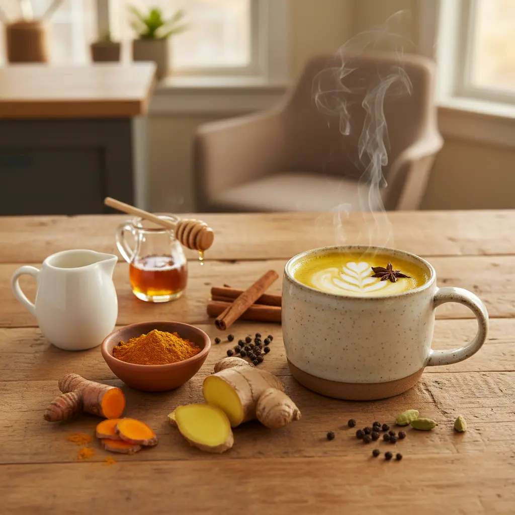 A warm, frothy golden milk turmeric latte in a mug, garnished with cinnamon stick and star anise.