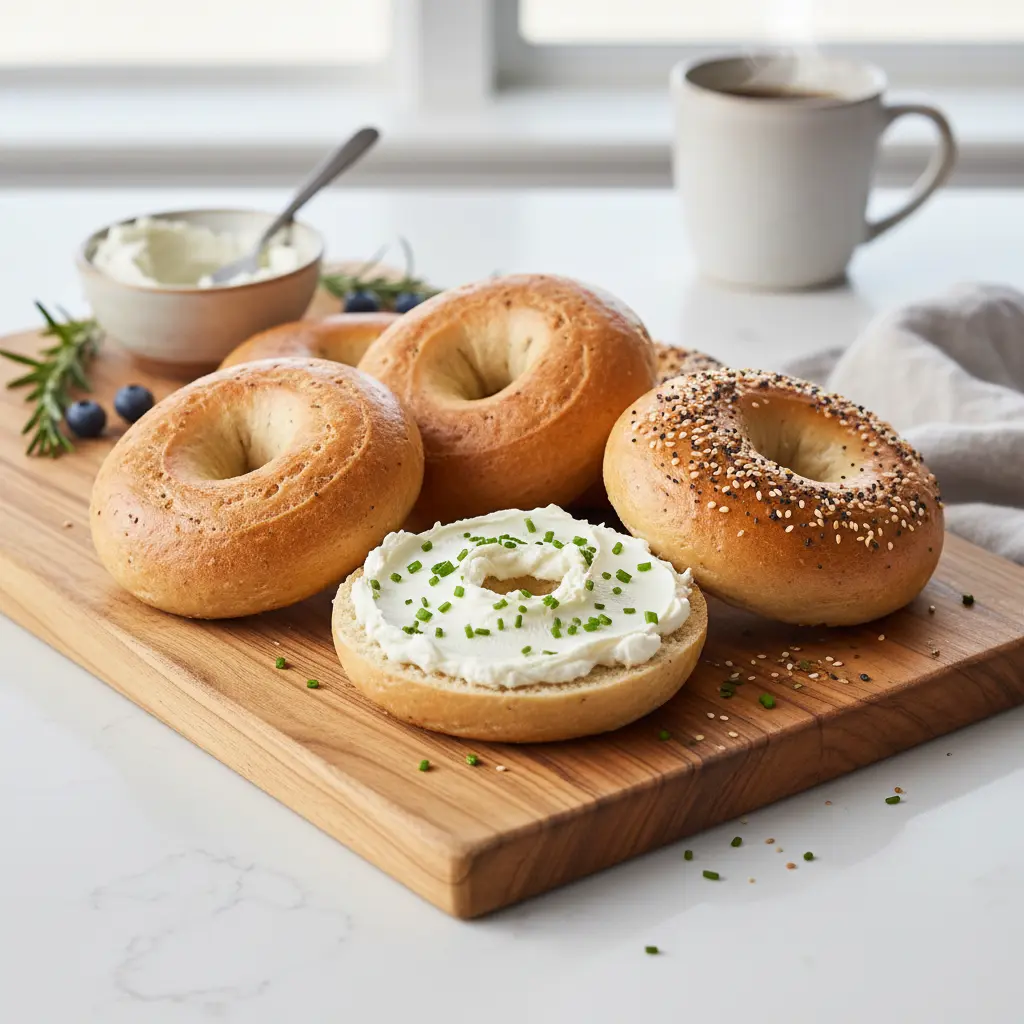 Freshly baked golden brown Greek yogurt bagels, sliced and ready to serve with cream cheese, on a parchment-lined baking sheet.