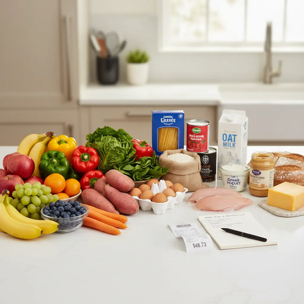 Grocery bags filled with fresh produce, proteins, and pantry staples on a kitchen counter, showcasing an affordable $50 grocery haul for two people.