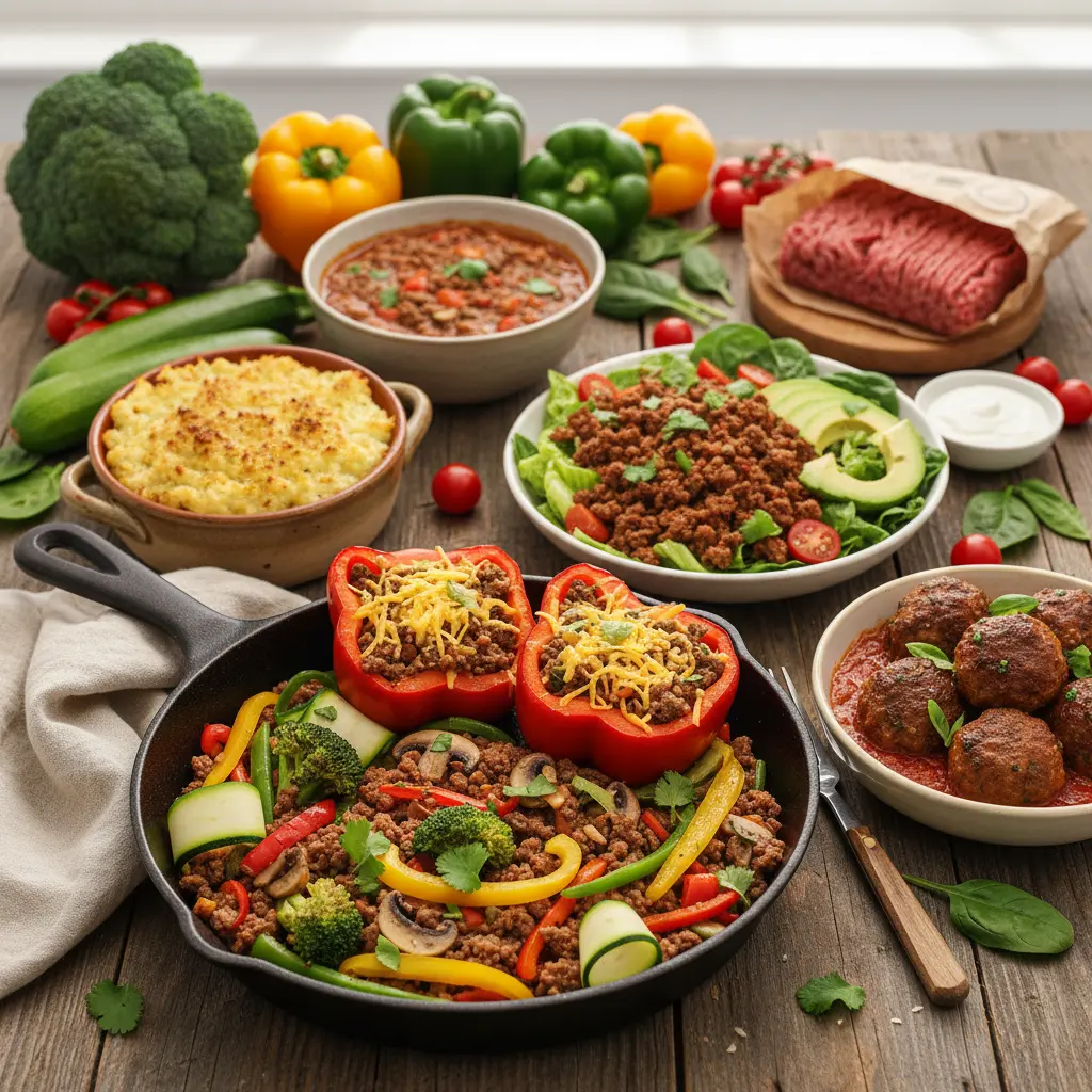 A vibrant skillet meal featuring seasoned ground beef, colorful bell peppers, and fresh herbs, served on a bed of cauliflower rice, representing a delicious low-carb dinner without pasta.