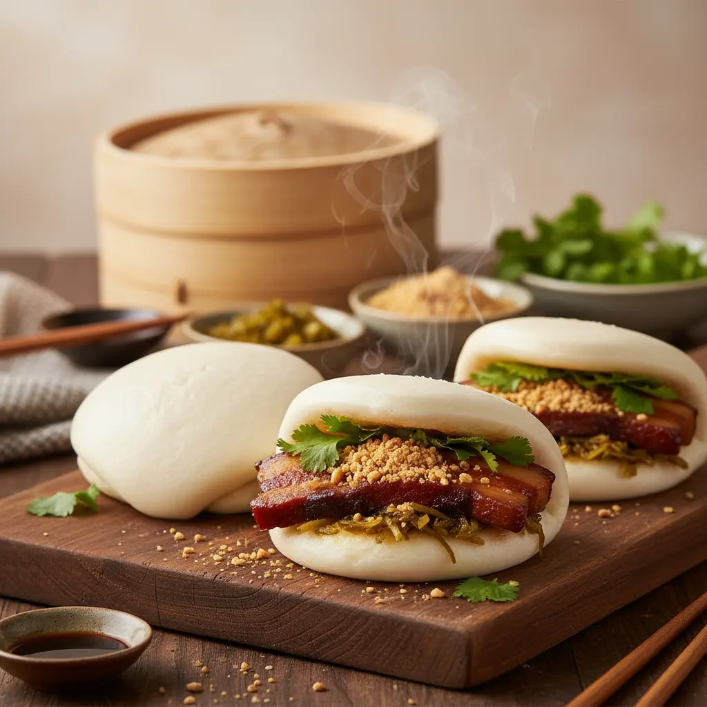 Authentic Taiwanese Gua Bao (pork belly buns) served on parchment paper
