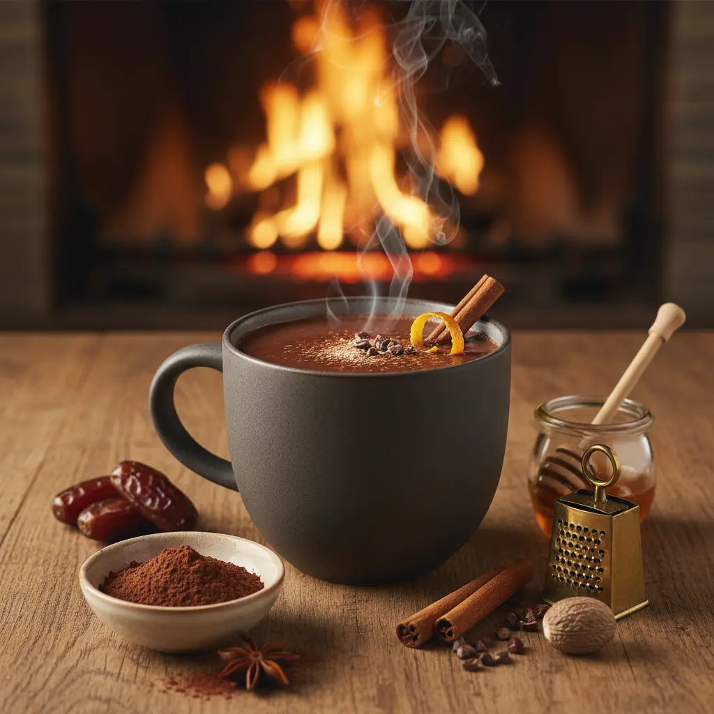 Steaming mug of healthy hot chocolate with cacao powder, garnished with cinnamon stick and star anise, perfect for winter.