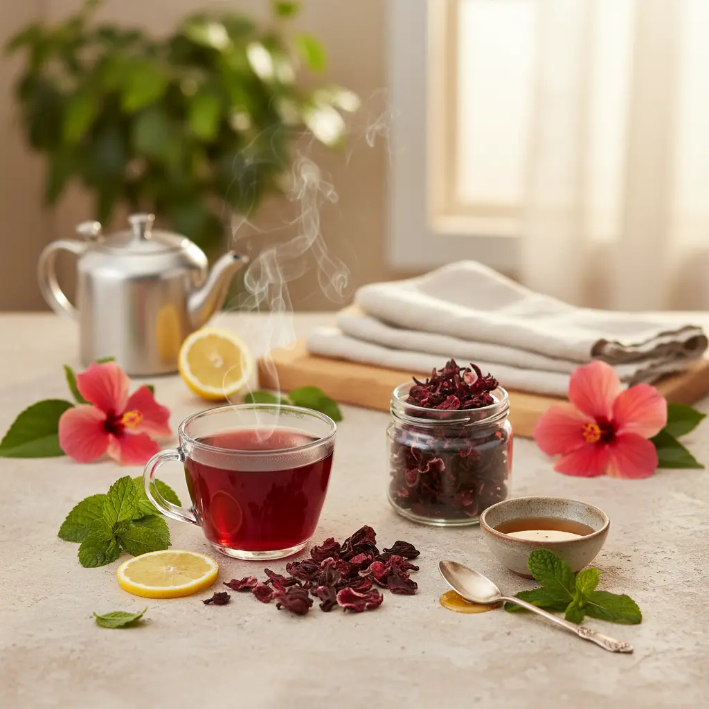 Vibrant red hibiscus tea in a glass with dried hibiscus flowers, showcasing its natural beauty and inviting appearance.