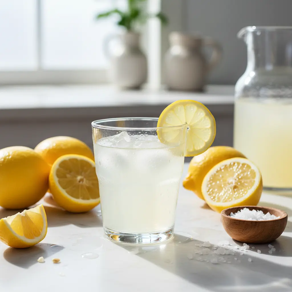 Homemade lemon and salt electrolyte drink in a glass with fresh lemons and salt crystals around it, against a rustic wooden background.