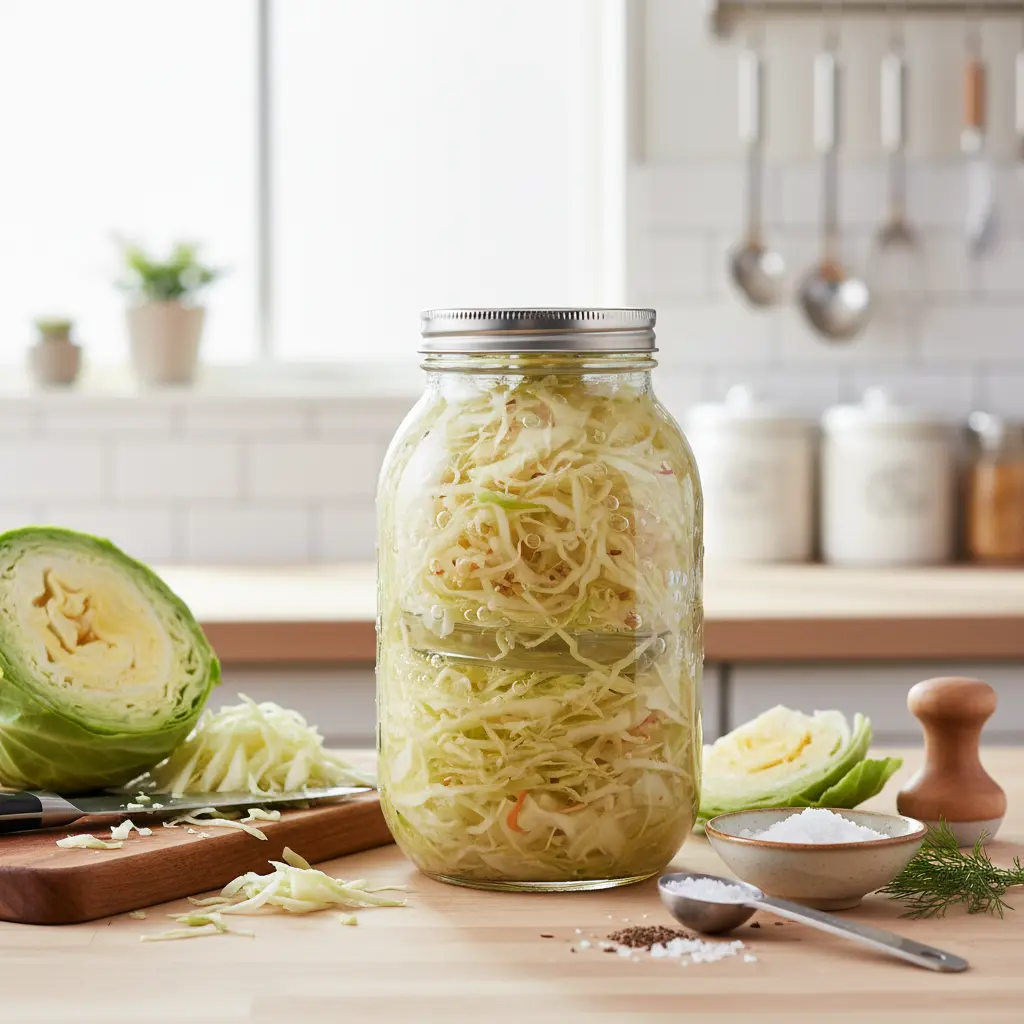 Freshly made homemade sauerkraut in a mason jar with a label, on a wooden surface.