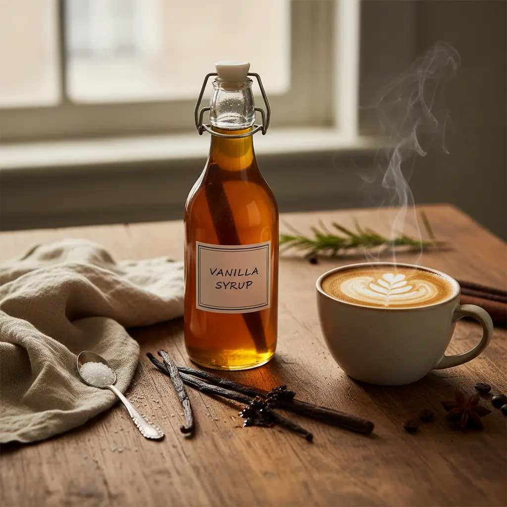 Homemade vanilla syrup in a glass bottle with whole vanilla beans, coffee beans, and a latte, emphasizing a premium DIY coffee experience.