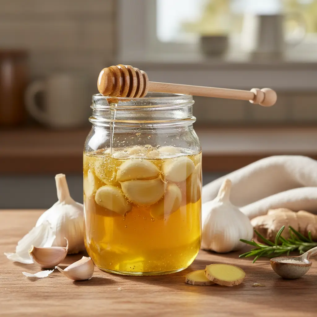 Jar of homemade fermented honey garlic with cloves submerged in golden honey, sitting on a wooden surface