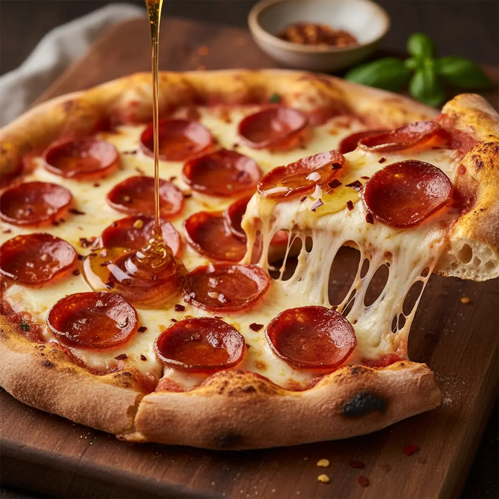 Homemade hot honey sauce drizzled over a pepperoni pizza, showcasing the 'swicy' flavor trend.