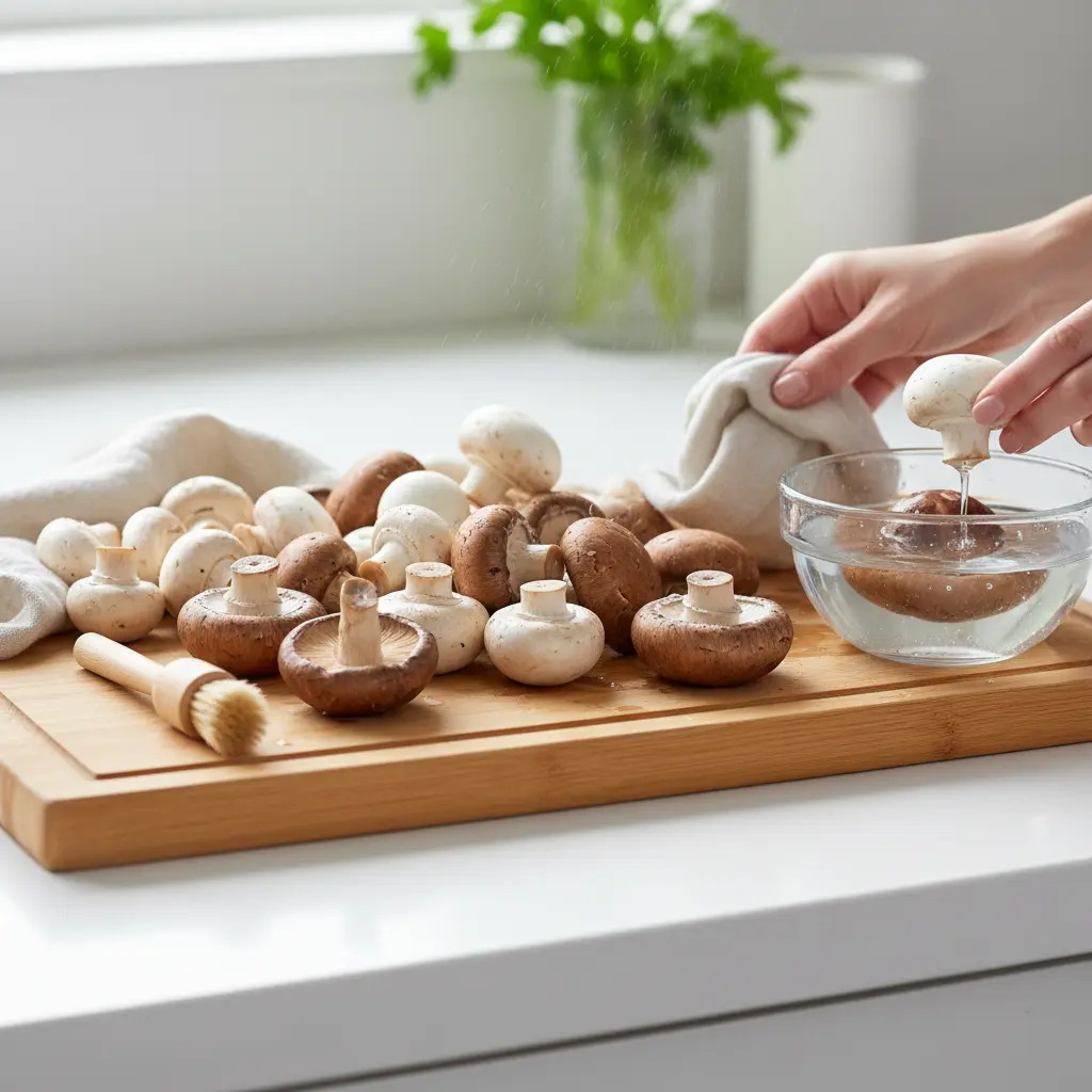 Hands gently wiping dirt from fresh cultivated mushrooms with a paper towel on a wooden cutting board