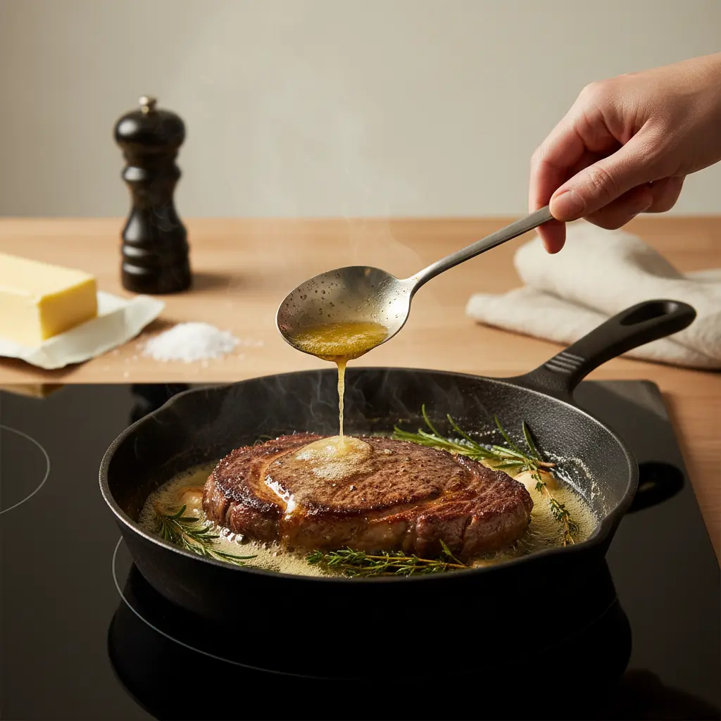 Perfectly seared butter-basted steak cooking in a cast iron skillet with fresh herbs and garlic.