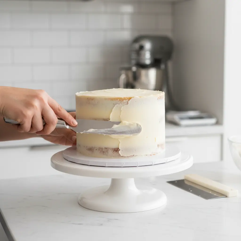 Cake decorator applying a thin crumb coat to a chocolate cake on a turntable