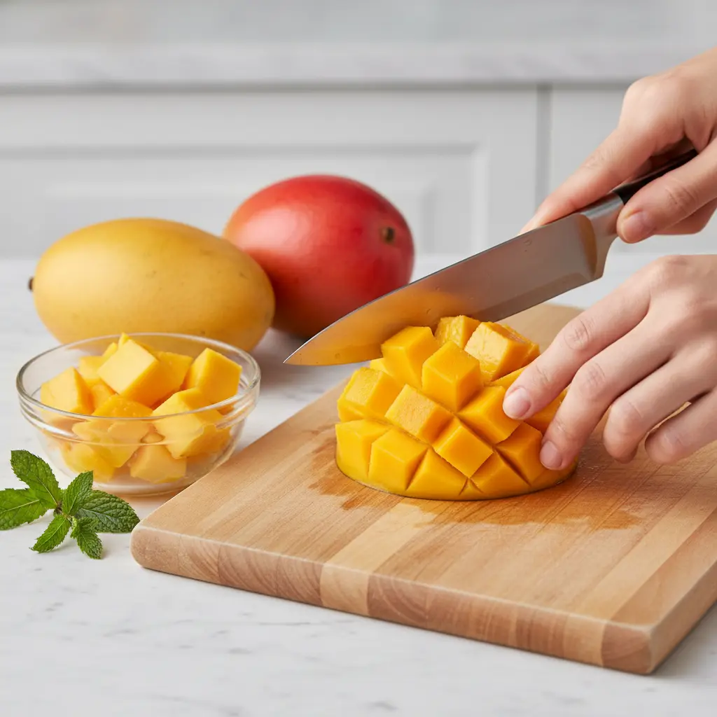 A perfectly diced mango on a cutting board next to a whole mango, illustrating the 'hedgehog' method for cutting.