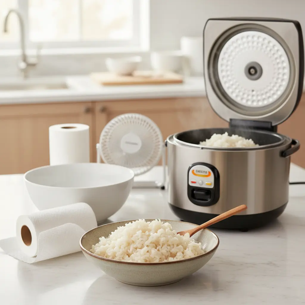 A bowl of perfectly cooked, fluffy white rice contrasted with a small pile of mushy, overcooked rice next to a rice cooker.