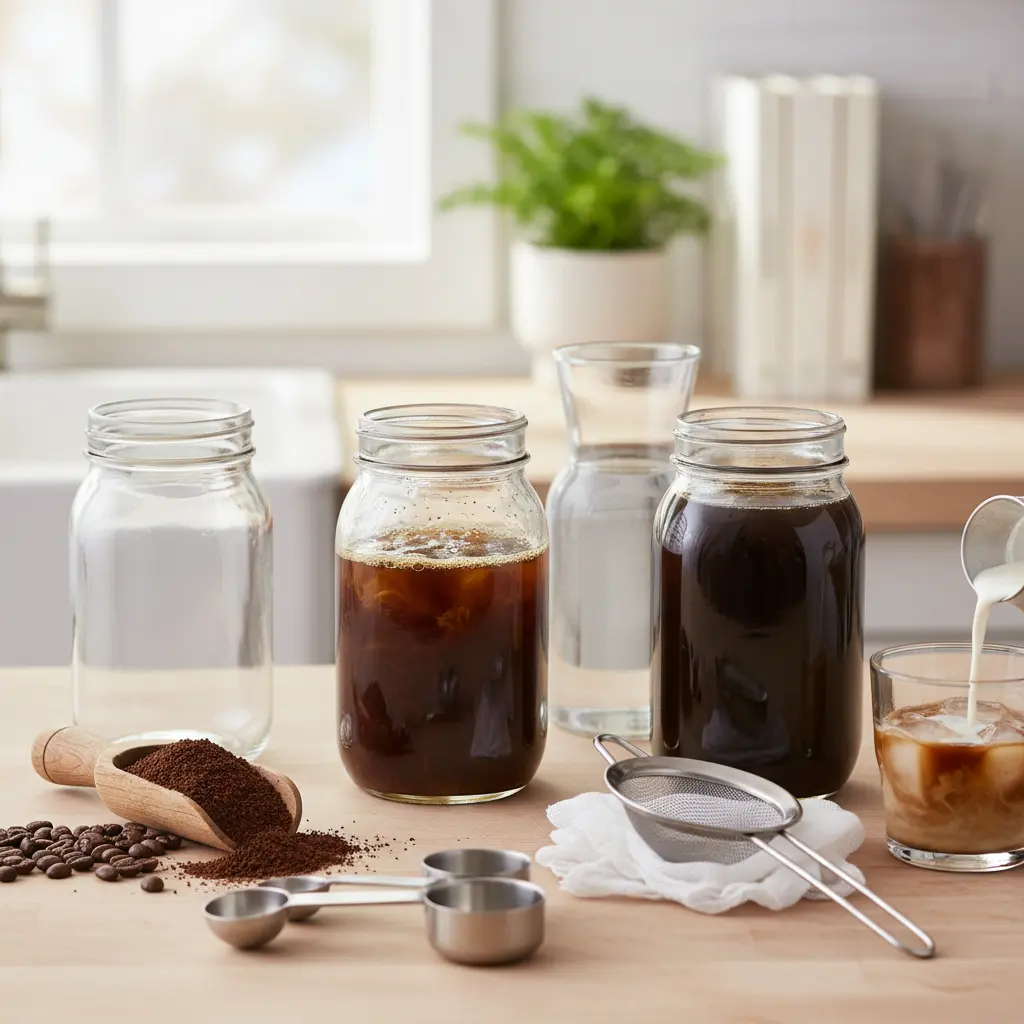 Homemade cold brew concentrate in a mason jar with coffee beans and ice