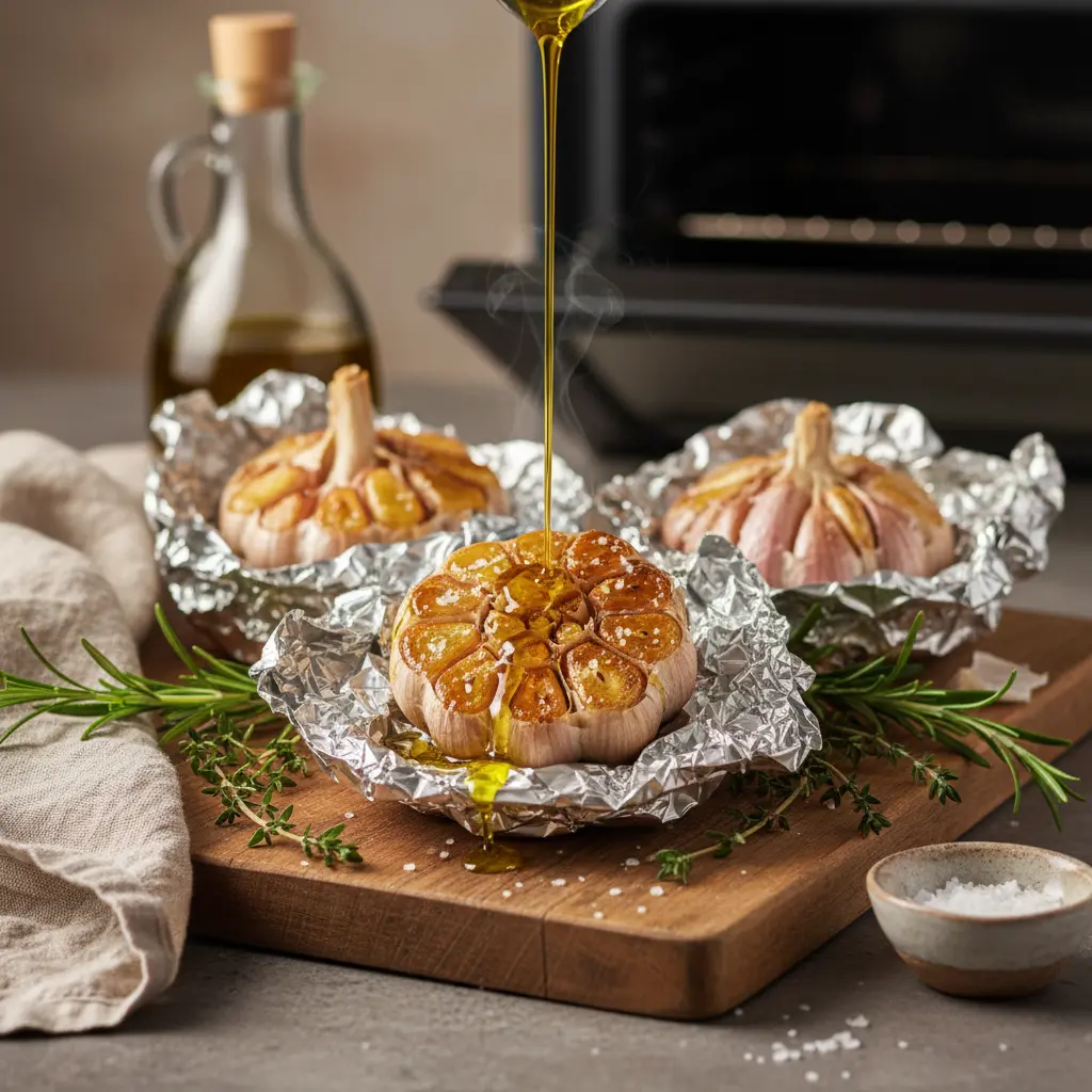 Perfectly roasted garlic in foil, with softened cloves ready to be squeezed out.