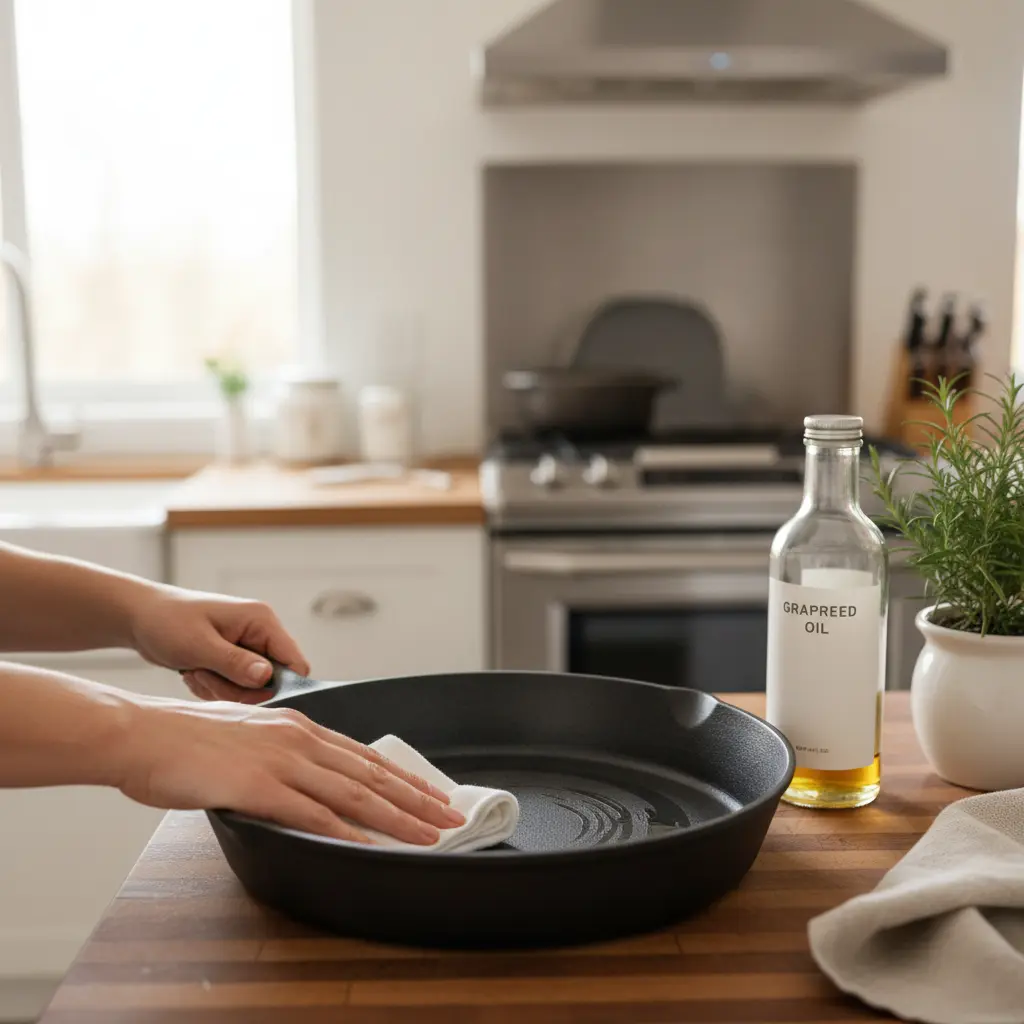 Hands applying a thin layer of cooking oil to a clean cast iron skillet before oven seasoning