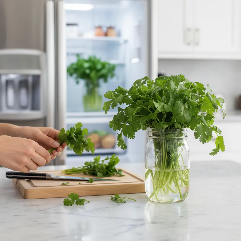 Freshly picked green cilantro in a vibrant bunch, ready for proper storage in the fridge.