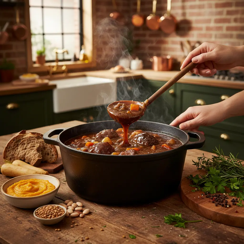 A thick, hearty beef stew in a slow cooker, illustrating methods to thicken stew without cornstarch.